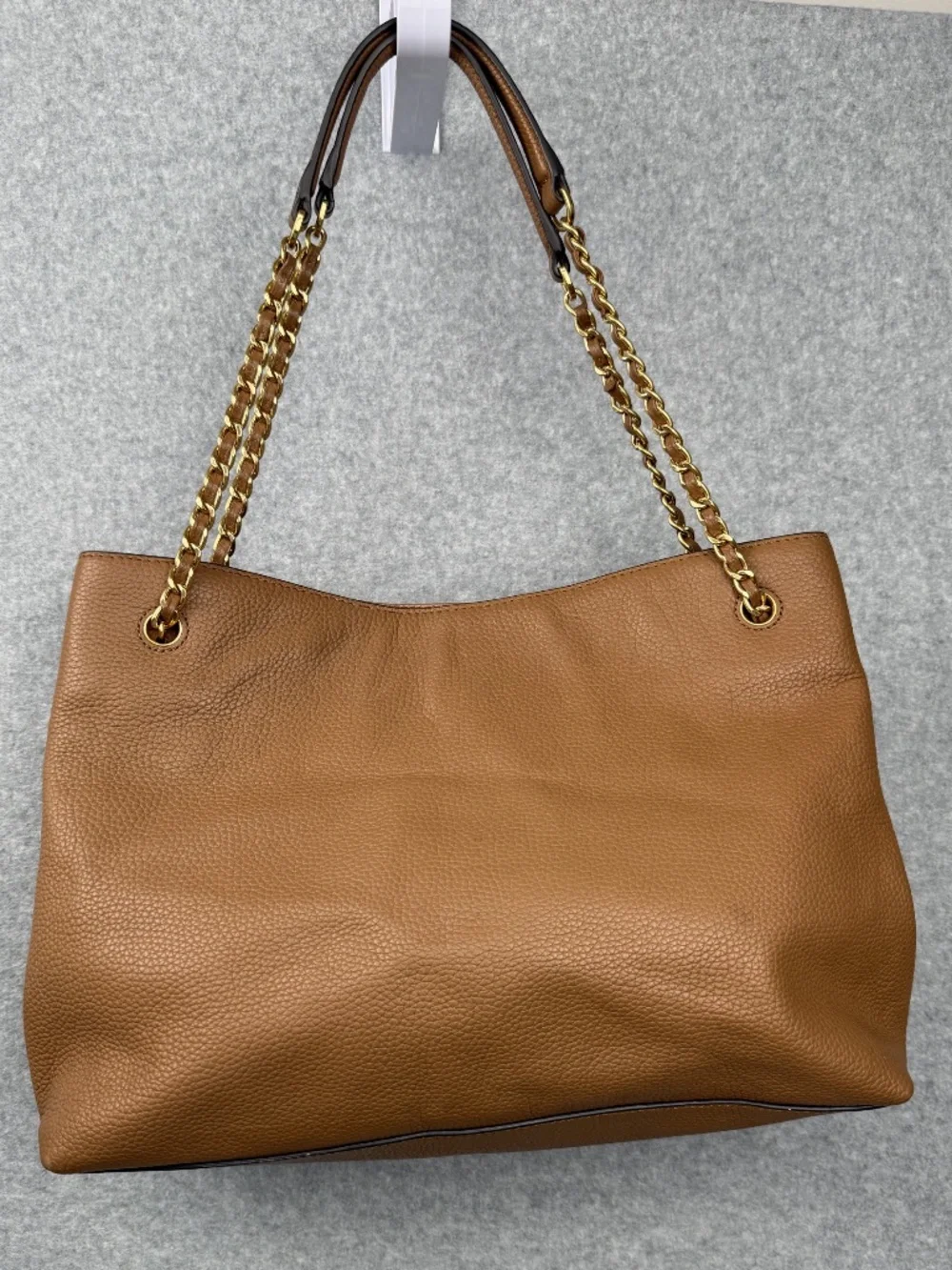 TORY BURCH Britten Triple Compartment Cognac Caramel Tote Bag Gold Chain